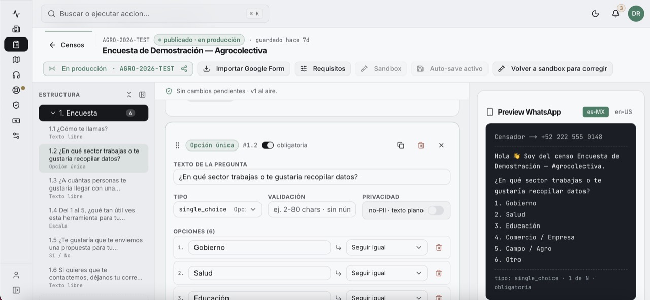Editor de censo de Agrocolectiva: estructura de preguntas con lógica y validación, junto a la vista previa de WhatsApp