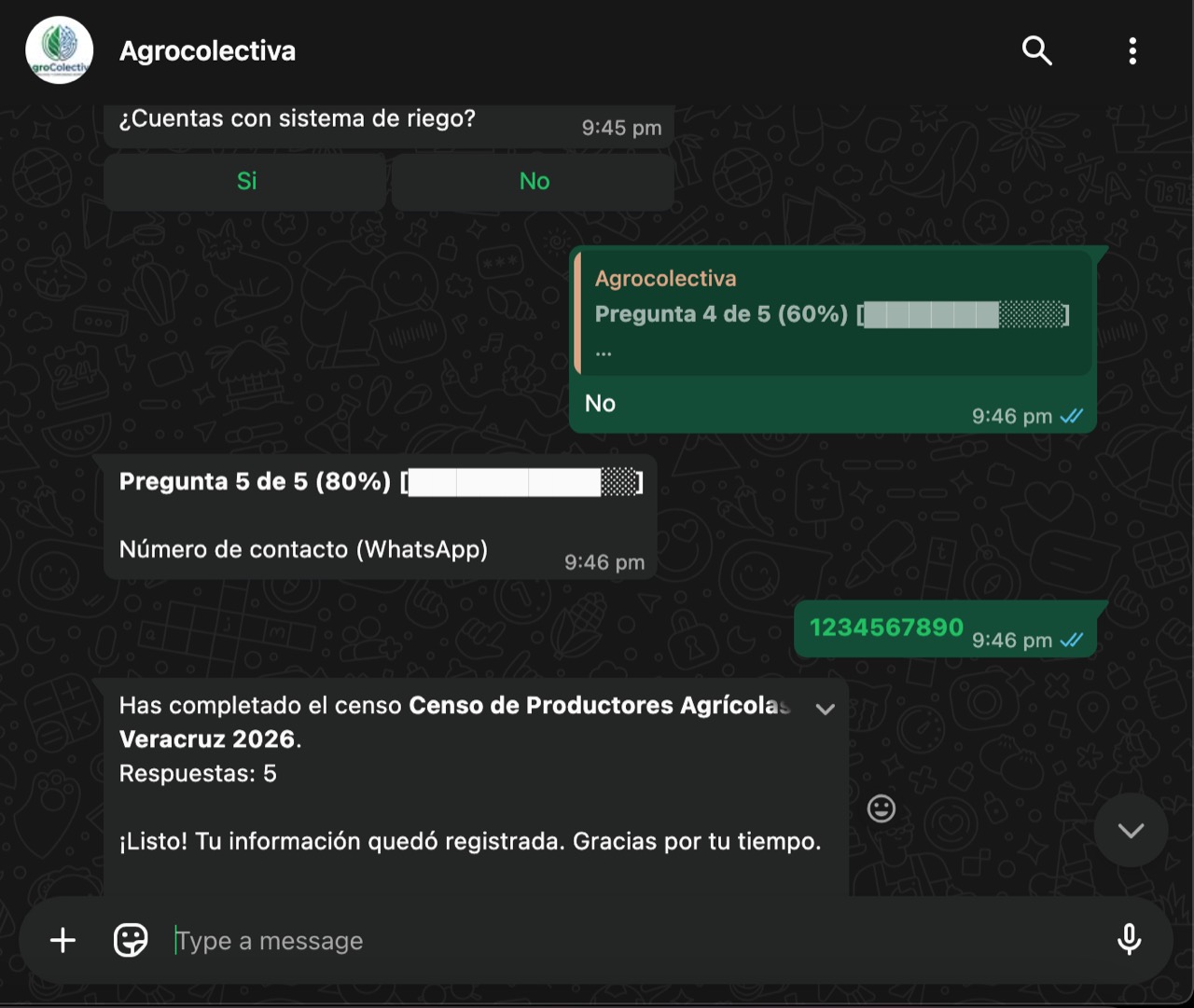 Conversación de censo en WhatsApp: preguntas con opciones, barra de progreso y mensaje de confirmación al terminar