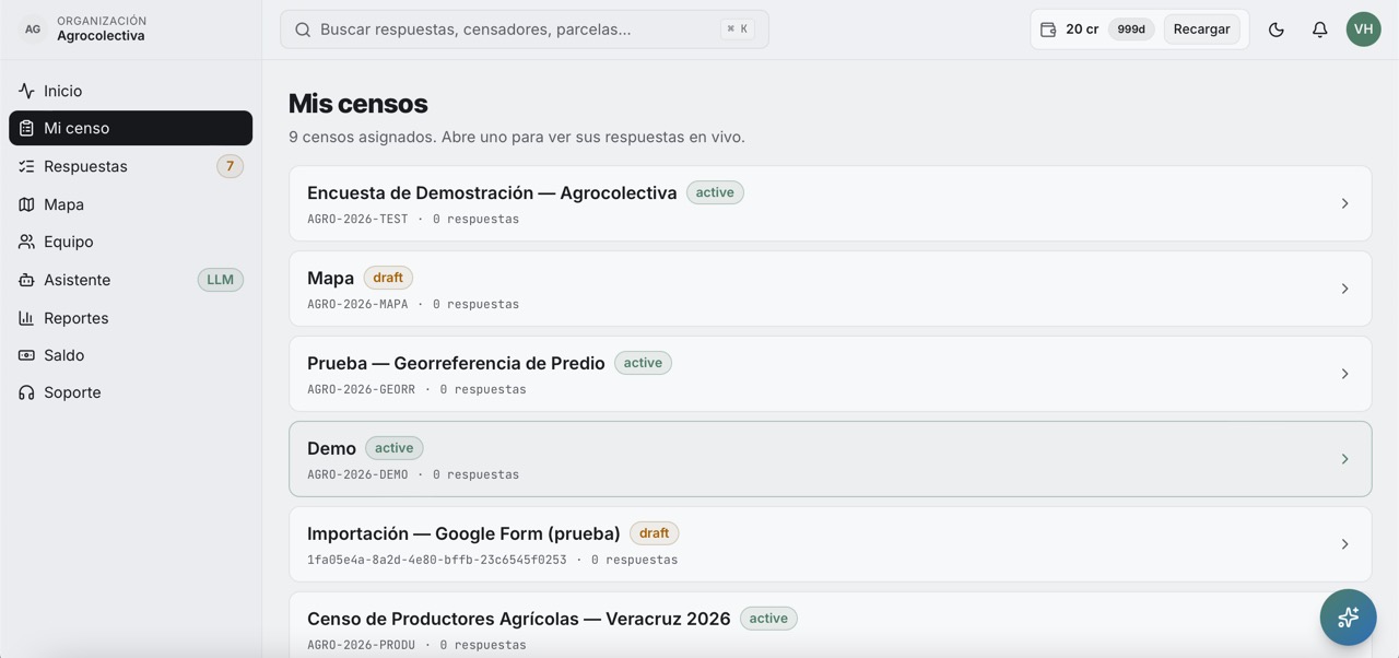 Tablero de Agrocolectiva con la lista de censos, su estado y conteo de respuestas en vivo